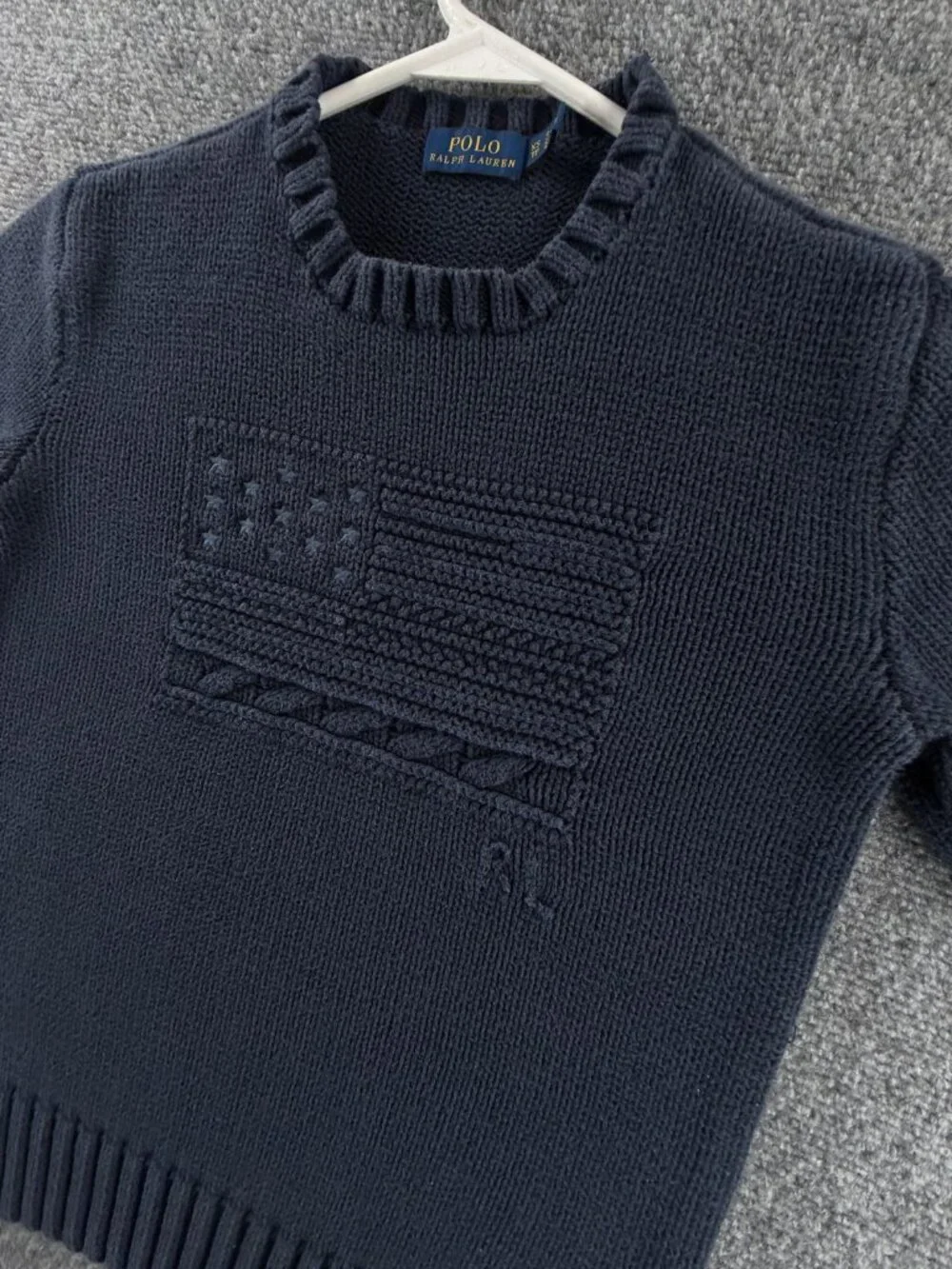 Polo Ralph Lauren XS USA Flag Sweater Navy Blue Embroidered Crew Neck Cotton